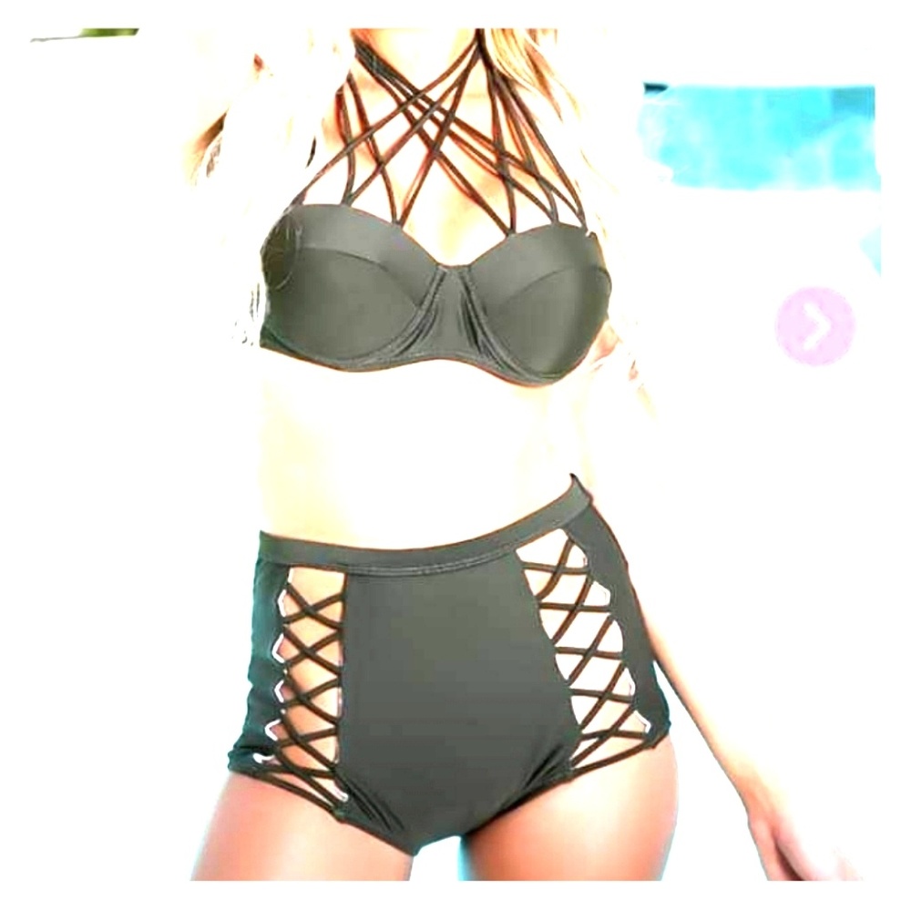 NEW! Lg Olive color high waist swimsuit, bikini